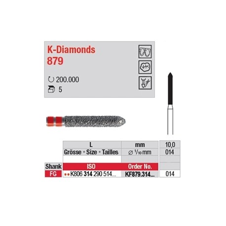 Fresa di Lavorazione K-Diamonds Cilindro stretto a punta FG Rosso (5pz) - L10.0mm - 014